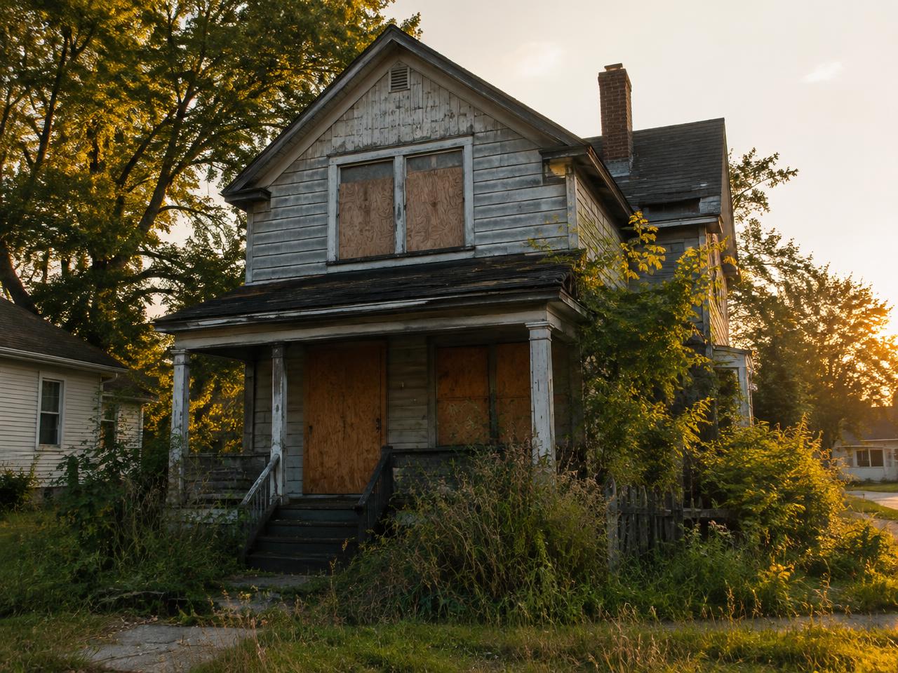 Vacant house with boarded windows needing repairs